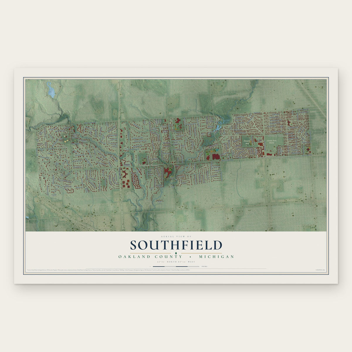 Southfield, Oakland County, Michigan map print, the full design