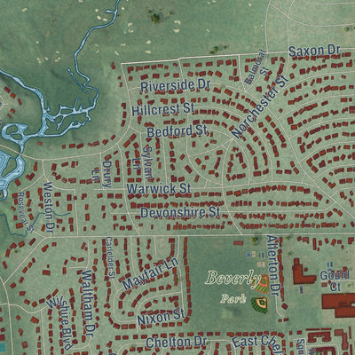 Close-up of the map of Southfield, Oakland County, Michigan print showing street and building detail