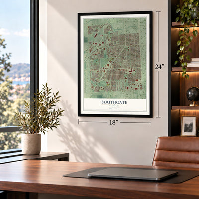 Southgate, Michigan map, 18 x 24 inch print in a black frame in a home office