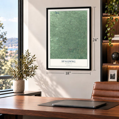 Spalding, Michigan map, 18 x 24 inch print in a black frame in a home office