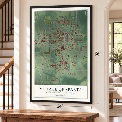 Sparta, Michigan map, 24 x 36 inch print in a black frame by a staircase
