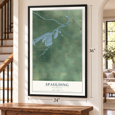 Spaulding, Michigan map, 24 x 36 inch print in a black frame by a staircase