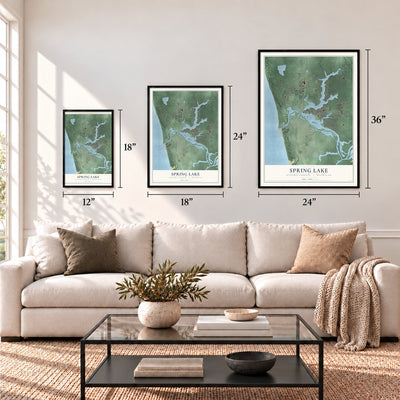 Spring Lake, Ottawa County, Michigan map in 12 x 18, 18 x 24 and 24 x 36 inch sizes above a sofa