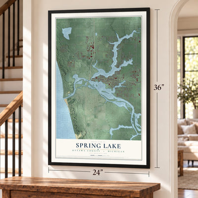 Spring Lake, Ottawa County, Michigan map, 24 x 36 inch print in a black frame by a staircase