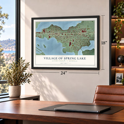 Spring Lake, Michigan map, 18 x 24 inch print in a black frame in a home office