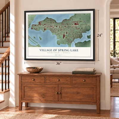 Spring Lake, Michigan map, 24 x 36 inch print in a black frame above a dresser by a staircase