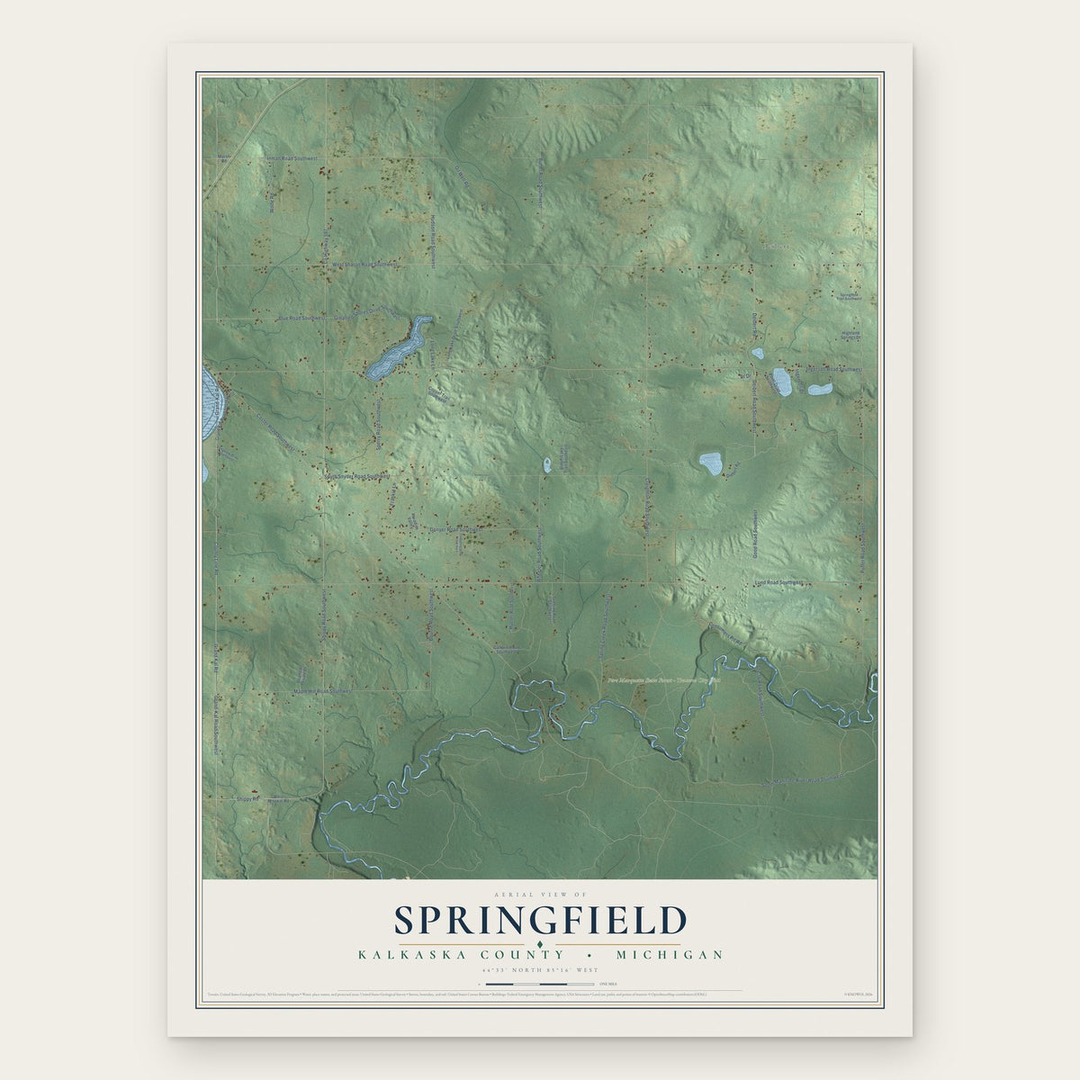 Springfield, Kalkaska County, Michigan map print, the full design