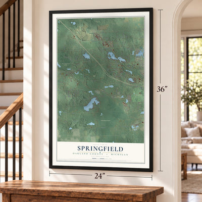 Springfield, Oakland County, Michigan map, 24 x 36 inch print in a black frame by a staircase