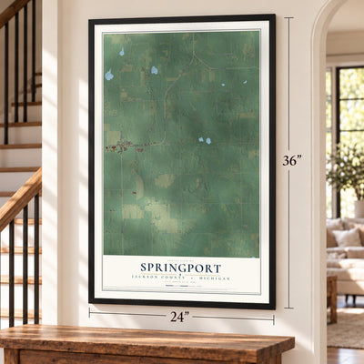 Springport, Jackson County, Michigan map, 24 x 36 inch print in a black frame by a staircase