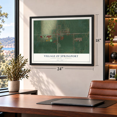 Springport, Michigan map, 18 x 24 inch print in a black frame in a home office