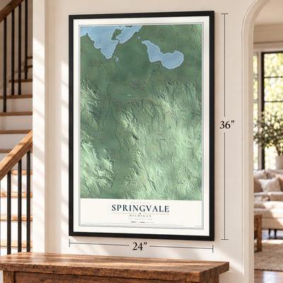 Springvale, Michigan map, 24 x 36 inch print in a black frame by a staircase