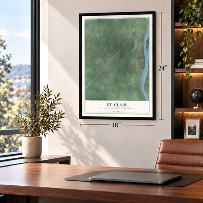 St. Clair, St. Clair County, Michigan map, 18 x 24 inch print in a black frame in a home office