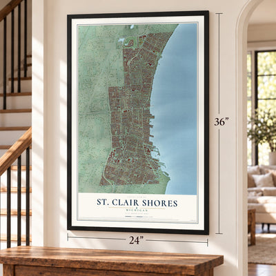 St. Clair Shores, Michigan map, 24 x 36 inch print in a black frame by a staircase