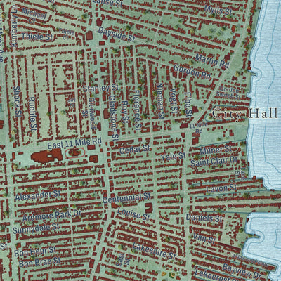 Close-up of the map of St. Clair Shores, Michigan print showing street and building detail