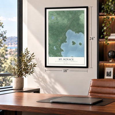 St. Ignace, Mackinac County, Michigan map, 18 x 24 inch print in a black frame in a home office