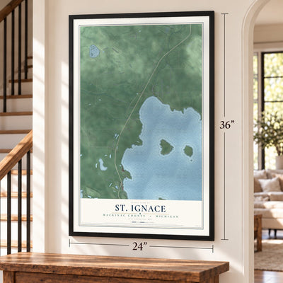 St. Ignace, Mackinac County, Michigan map, 24 x 36 inch print in a black frame by a staircase