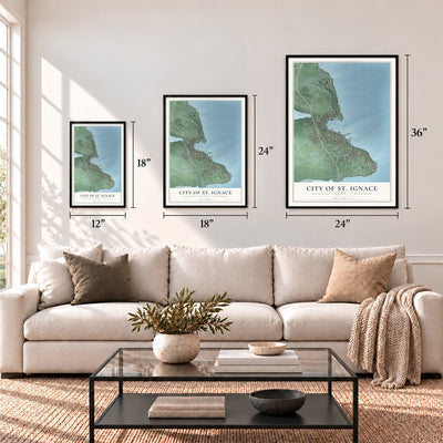 St. Ignace, Michigan map in 12 x 18, 18 x 24 and 24 x 36 inch sizes above a sofa