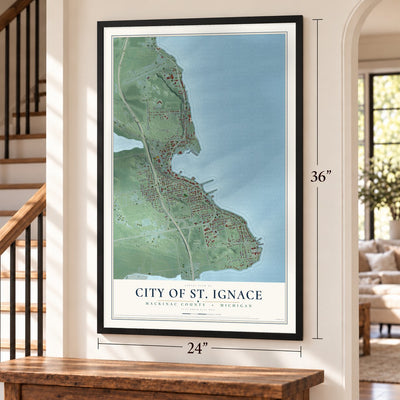 St. Ignace, Michigan map, 24 x 36 inch print in a black frame by a staircase