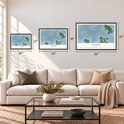 St. James, Michigan map in 12 x 18, 18 x 24 and 24 x 36 inch sizes above a sofa