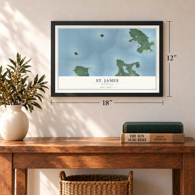 St. James, Michigan map, 12 x 18 inch print in a black frame in an entryway