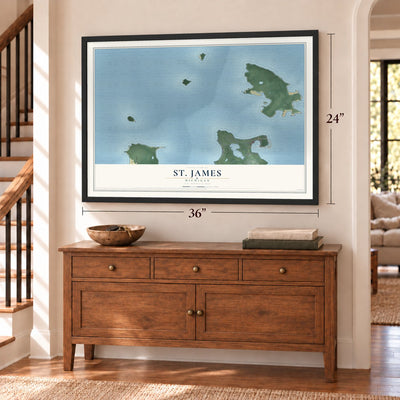 St. James, Michigan map, 24 x 36 inch print in a black frame above a dresser by a staircase
