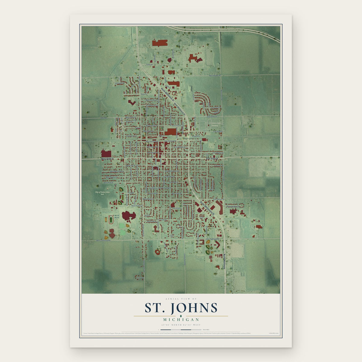 St. Johns, Michigan map print, the full design