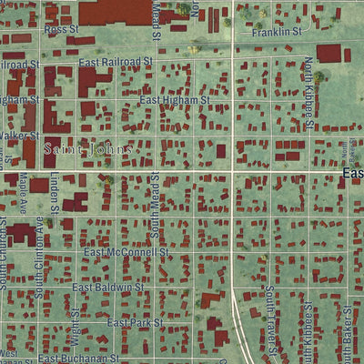 Close-up of the map of St. Johns, Michigan print showing street and building detail
