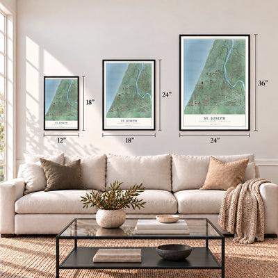 St. Joseph, Berrien County, Michigan map in 12 x 18, 18 x 24 and 24 x 36 inch sizes above a sofa