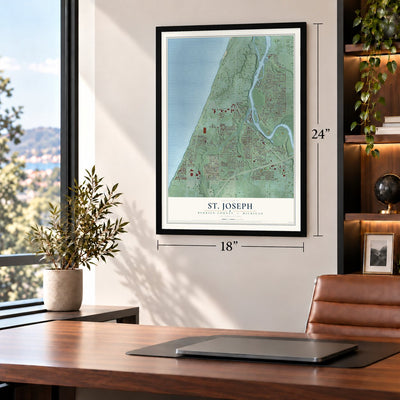 St. Joseph, Berrien County, Michigan map, 18 x 24 inch print in a black frame in a home office