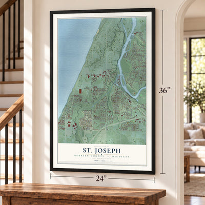 St. Joseph, Berrien County, Michigan map, 24 x 36 inch print in a black frame by a staircase
