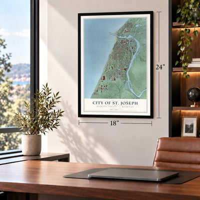 St. Joseph, Michigan map, 18 x 24 inch print in a black frame in a home office
