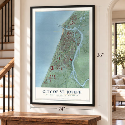 St. Joseph, Michigan map, 24 x 36 inch print in a black frame by a staircase