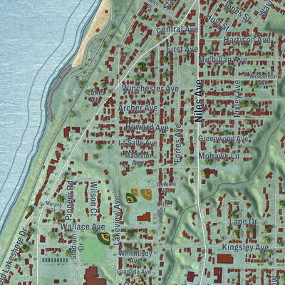 Close-up of the map of St. Joseph, Michigan print showing street and building detail