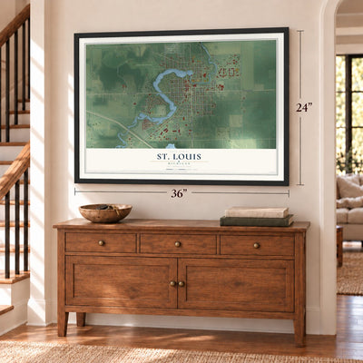 St. Louis, Michigan map, 24 x 36 inch print in a black frame above a dresser by a staircase
