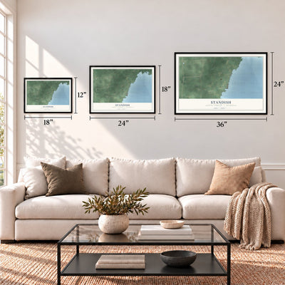 Standish, Arenac County, Michigan map in 12 x 18, 18 x 24 and 24 x 36 inch sizes above a sofa