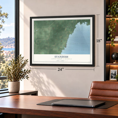 Standish, Arenac County, Michigan map, 18 x 24 inch print in a black frame in a home office