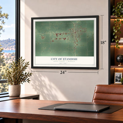 Standish, Michigan map, 18 x 24 inch print in a black frame in a home office