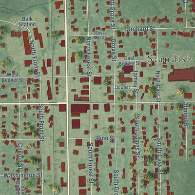 Close-up of the map of Standish, Michigan print showing street and building detail