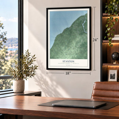 Stanton, Houghton County, Michigan map, 18 x 24 inch print in a black frame in a home office