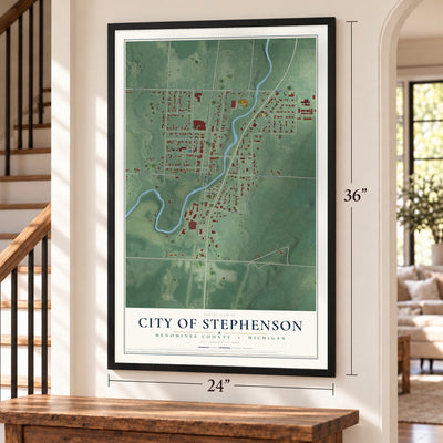 Stephenson, Michigan map, 24 x 36 inch print in a black frame by a staircase
