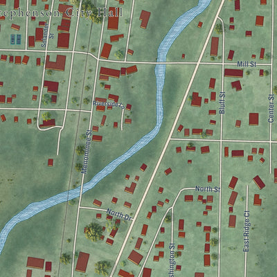 Close-up of the map of Stephenson, Michigan print showing street and building detail