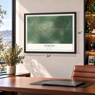 Sterling, Michigan map, 18 x 24 inch print in a black frame in a home office