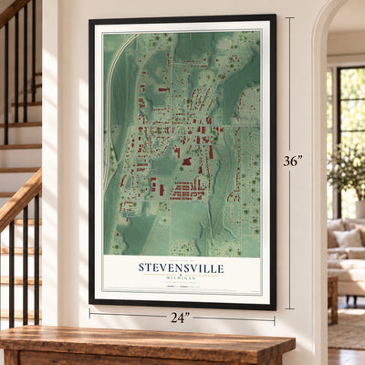 Stevensville, Michigan map, 24 x 36 inch print in a black frame by a staircase