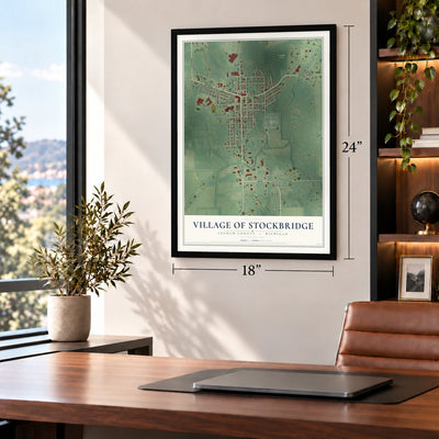 Stockbridge, Michigan map, 18 x 24 inch print in a black frame in a home office