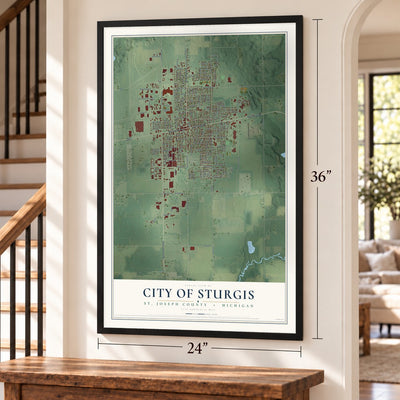 Sturgis, Michigan map, 24 x 36 inch print in a black frame by a staircase