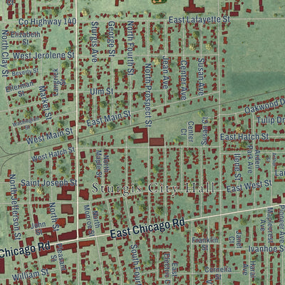 Close-up of the map of Sturgis, Michigan print showing street and building detail