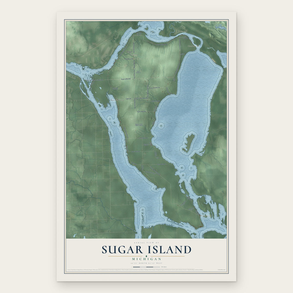 Sugar Island, Michigan map print, the full design