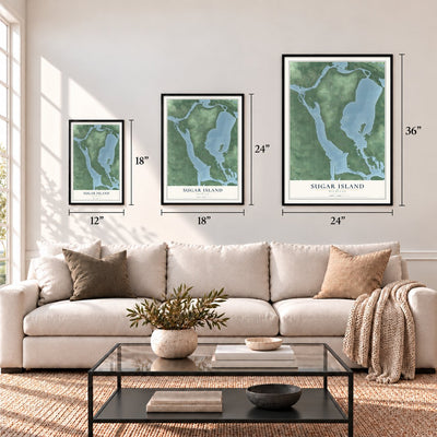 Sugar Island, Michigan map in 12 x 18, 18 x 24 and 24 x 36 inch sizes above a sofa