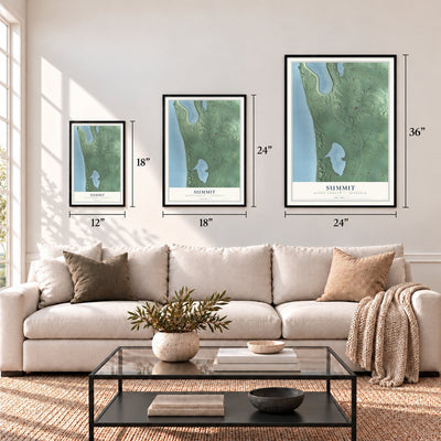 Summit, Mason County, Michigan map in 12 x 18, 18 x 24 and 24 x 36 inch sizes above a sofa