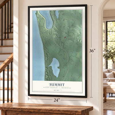 Summit, Mason County, Michigan map, 24 x 36 inch print in a black frame by a staircase